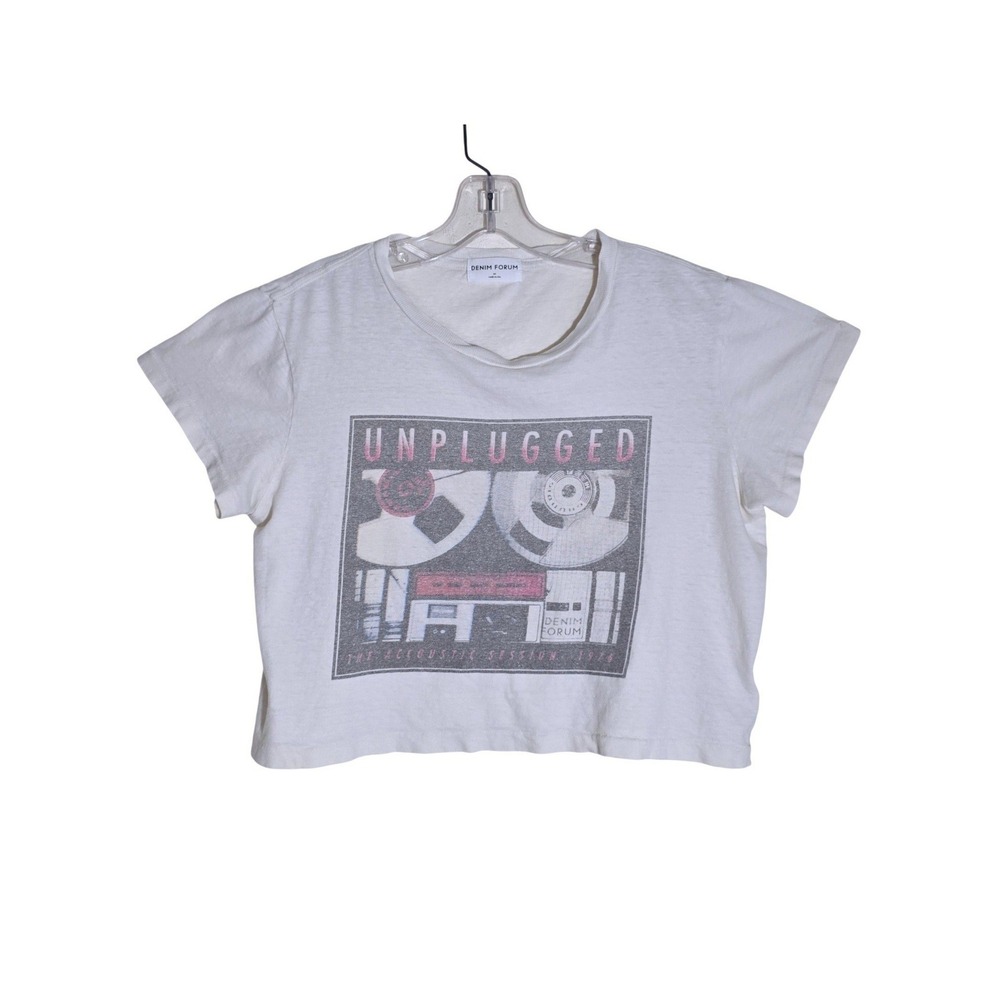 Denim Forum The Kate Crop Graphic Tee Womens M White Cream Unplugged Retro